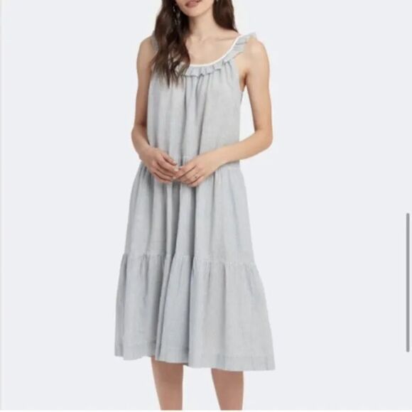 NWT THE GREAT Magnolia Ruffle Tiered Midi Dress Small Blue Gray - Picture 1 of 16
